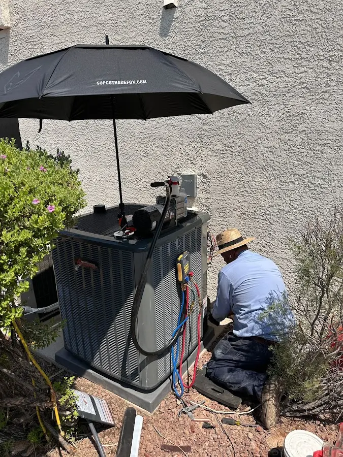 HVAC technician performing outdoor AC maintenance in North Dansville